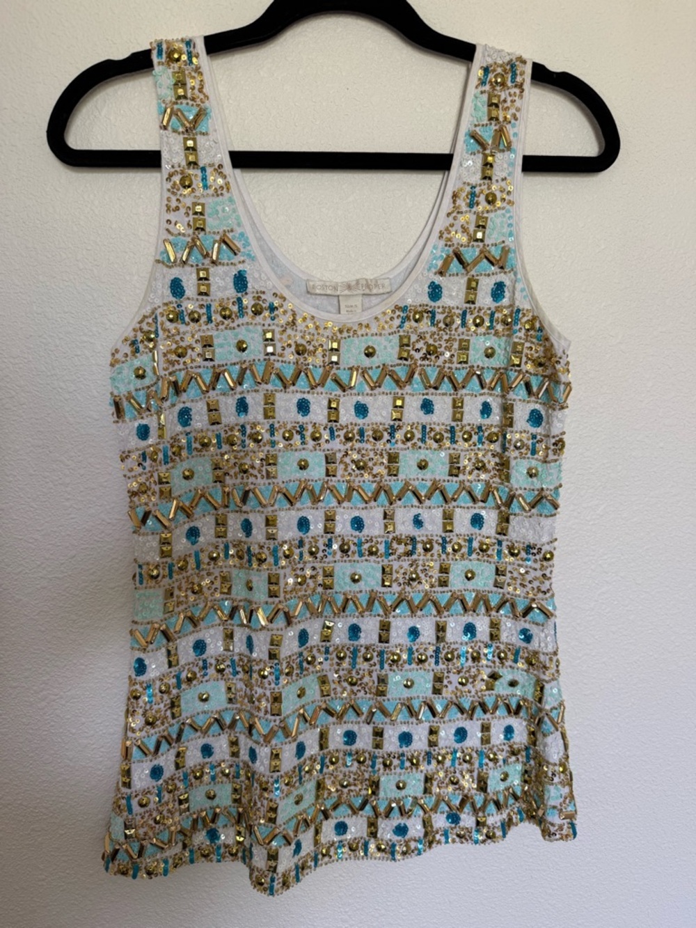 Boston Proper Beaded Sequin Tank Top Gold Aqua Resort Luxe Yacht Club Glam Sz S - Picture 4 of 7